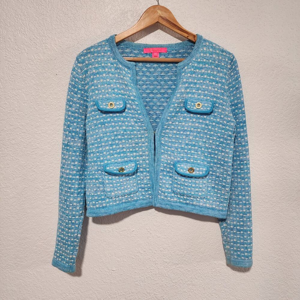 Lilly Pulitzer Light Blue Tweed Knit Cardigan Jacket Gold Button Medium Preppy